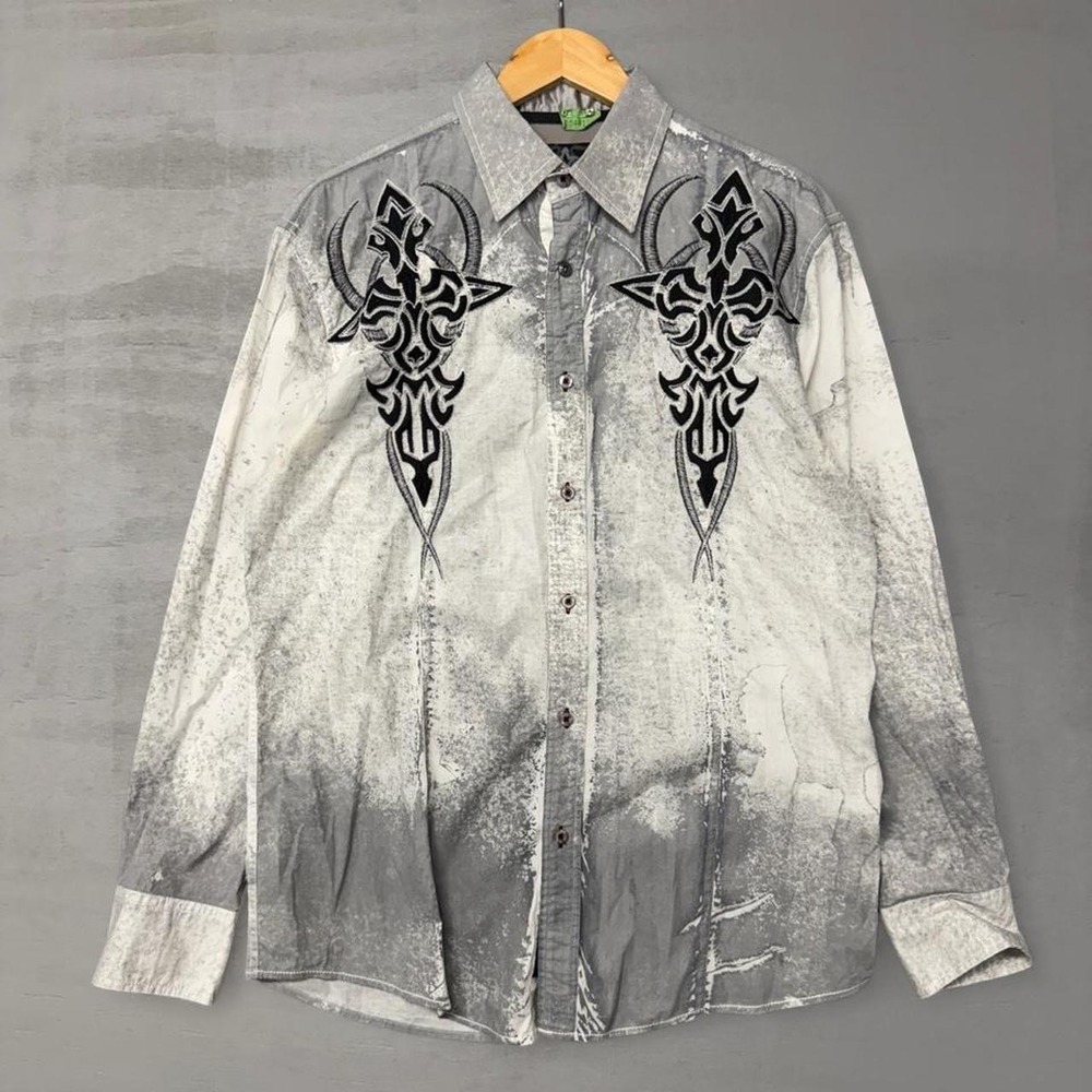 Roar Y2K Button Down Shirt Grey Acid Wash Tribal Affliction Long Sleeve Medium